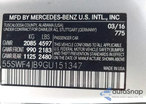 2016 Mercedes-Benz C 300 from USA, damaged, VIN 55SWF4JB9GU151347